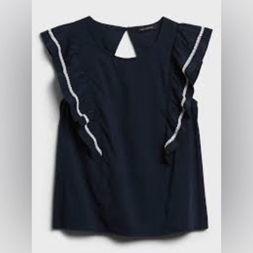 Banana Republic Embellished Open Back Flutter Sleeve Top Navy Blue Medium petite - Picture 6 of 7